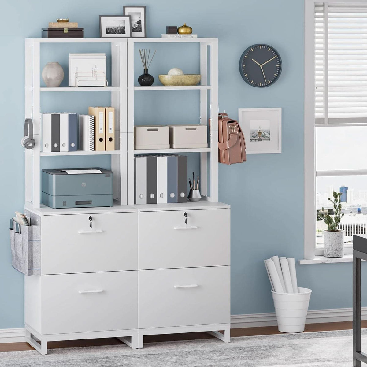 2 Drawer File Cabinet With Lock For Letter Legal A4 Folders White With Storage Bag Open Shelf And Hook