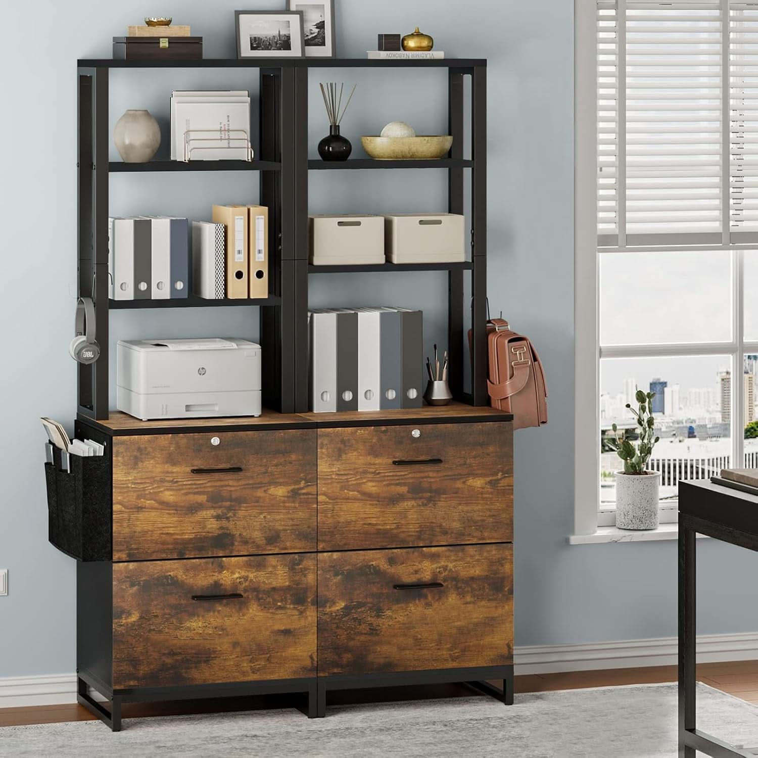 2 Drawer File Cabinet With Lock Rustic Brown For Letter Legal A4 Hanging File Folders Adjustable Shelf