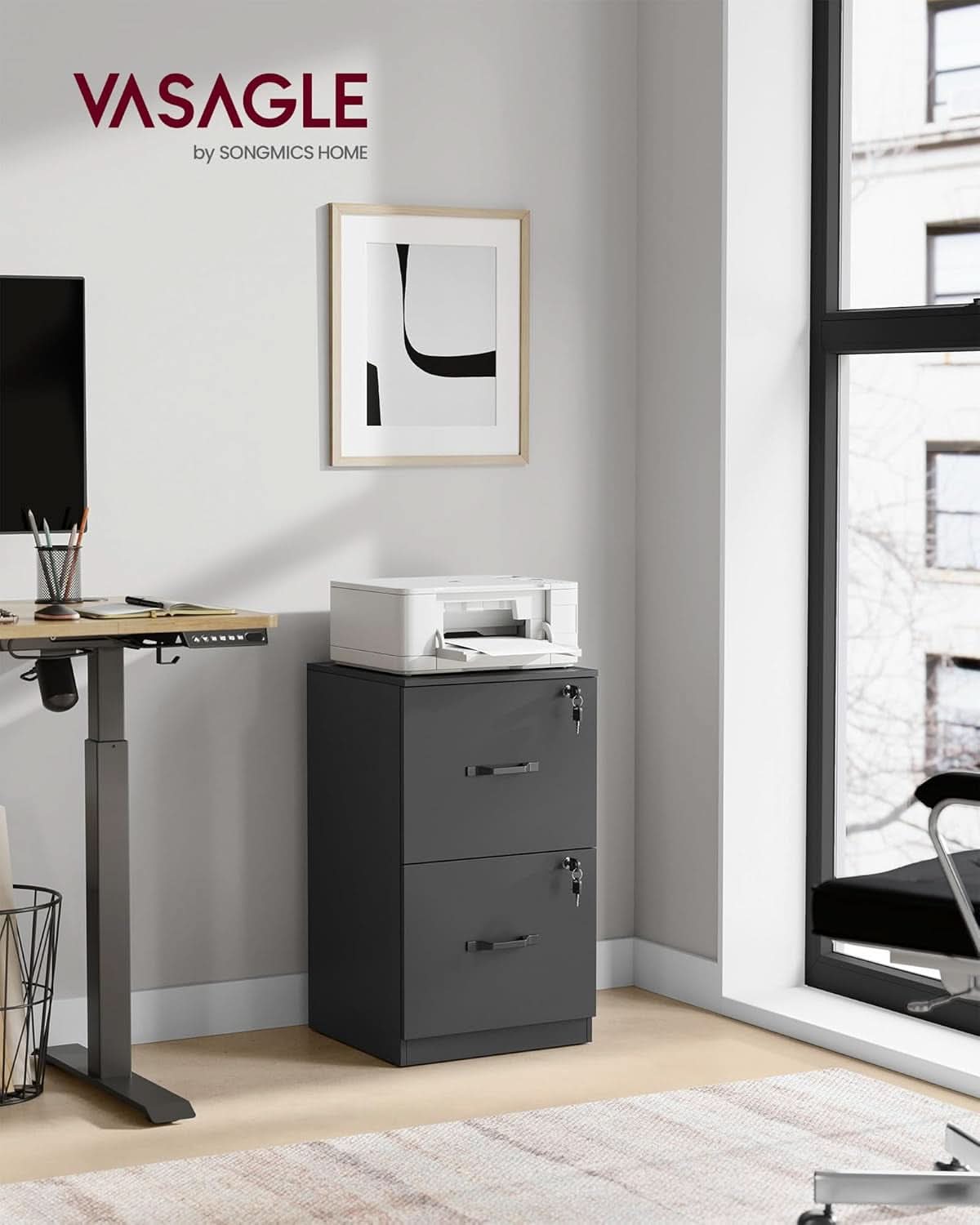 2 Drawer File Cabinet with Lock and Printer Stand, Fits A4 and Letter Size Files, Ink Black, Office Organizer, 15.7D x 16.1W x 27.9H Inches
