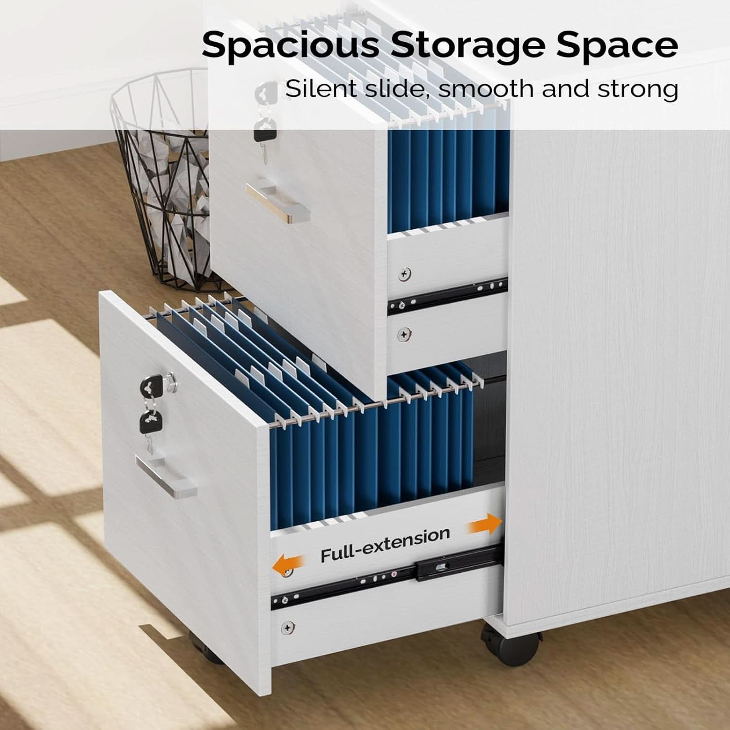2 Drawer Locking File Cabinet For Letter Size Folders With Tabs, Mobile Under Desk