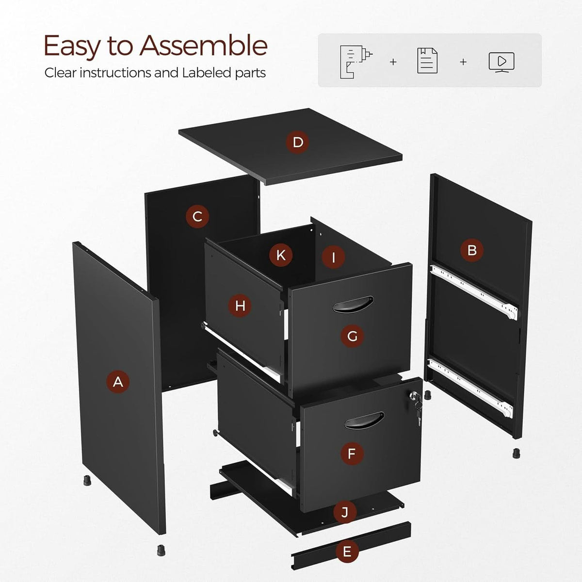 2 Drawer Locking Vertical File Cabinet Black Metal For Hanging Files Letter A4 Documents