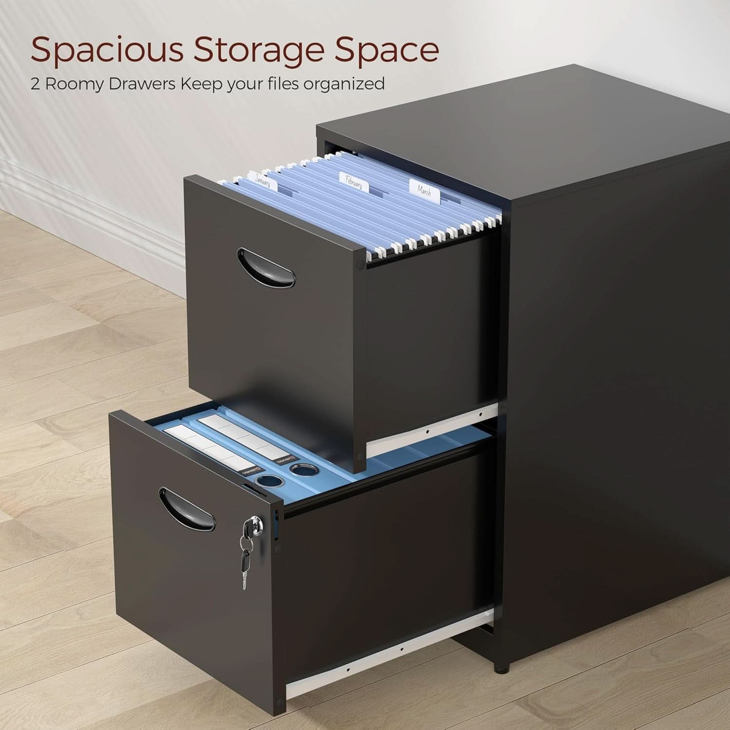 2 Drawer Locking Vertical File Cabinet Black Metal For Hanging Files Letter A4 Documents