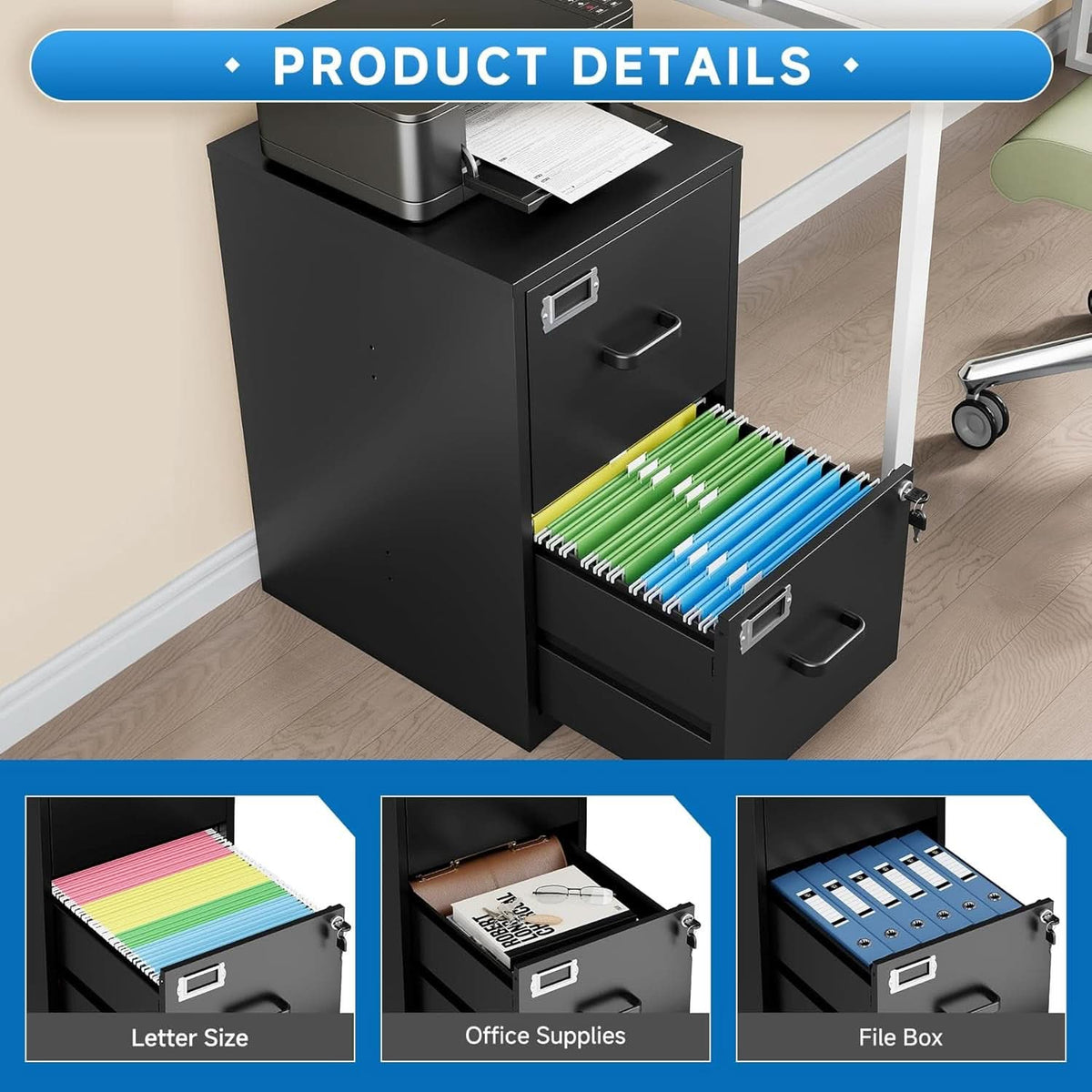 2 Drawer Locking Vertical File Cabinet For Letter Size Files Steel Office Storage