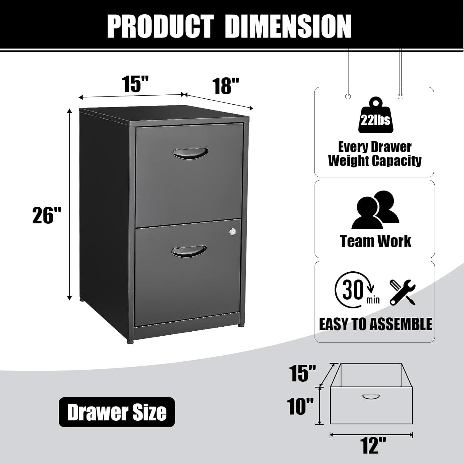 2 Drawer Metal File Cabinet With Lock Black 18 Inch Depth Vertical Filing Cabinet For Home Office Letter Size
