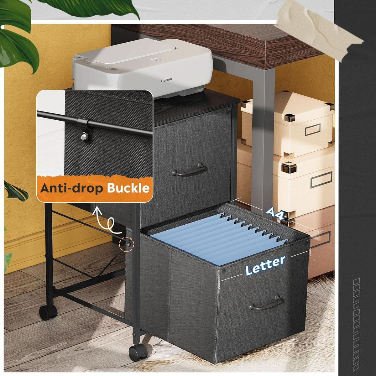 2 Drawer Mobile File Cabinet And Rolling Printer Stand Black Fits A4 Or Letter Size Home Office