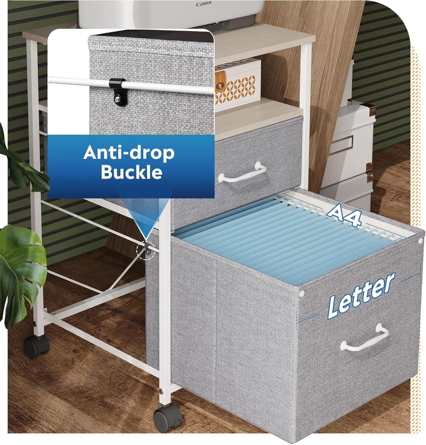 2 Drawer Mobile File Cabinet Rolling Printer Stand With Open Storage Shelf Light Grey