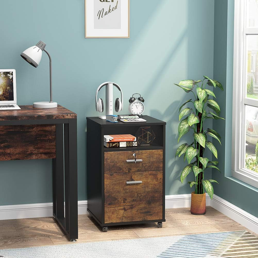 2 Drawer Mobile File Cabinet With Lock And Rolling Wheels In Rustic Brown Wood Finish For Letter Size Files
