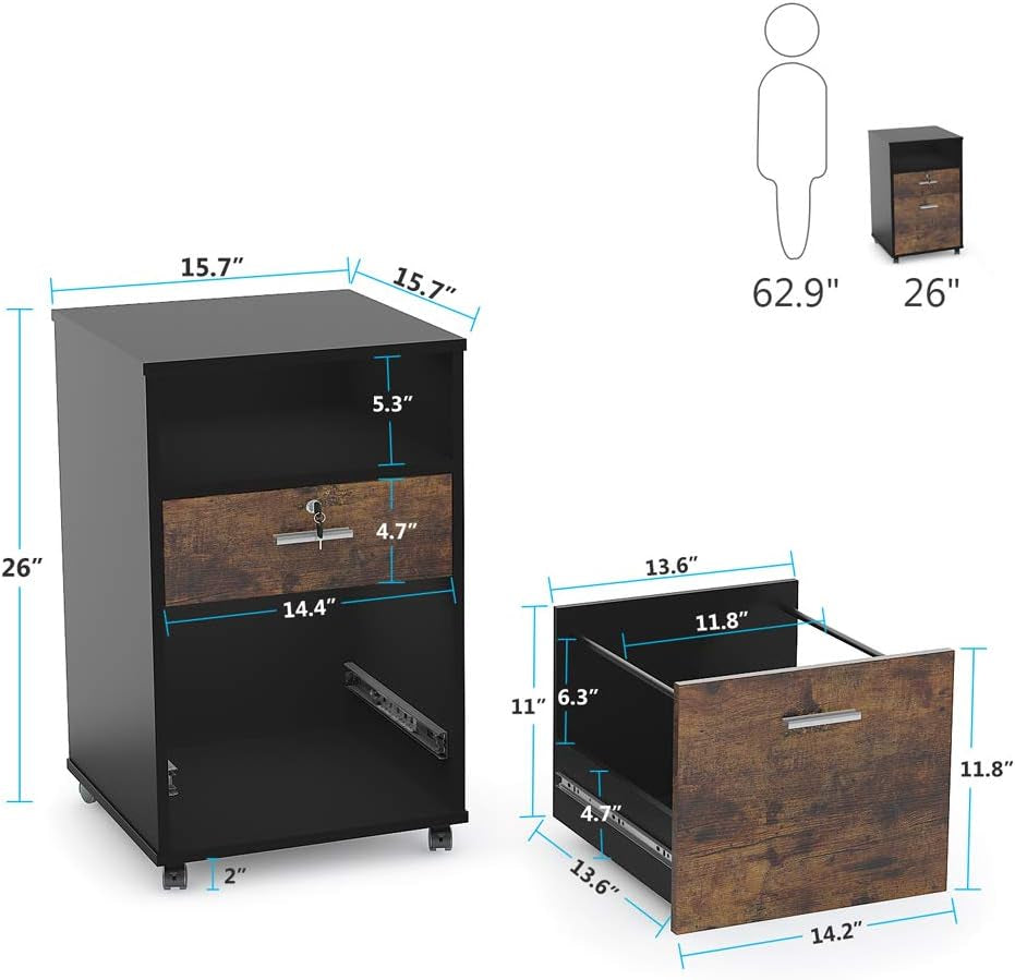 2 Drawer Mobile File Cabinet With Lock And Rolling Wheels In Rustic Brown Wood Finish For Letter Size Files