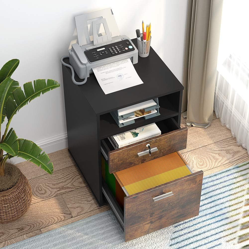 2 Drawer Mobile File Cabinet With Lock And Rolling Wheels In Rustic Brown Wood Finish For Letter Size Files