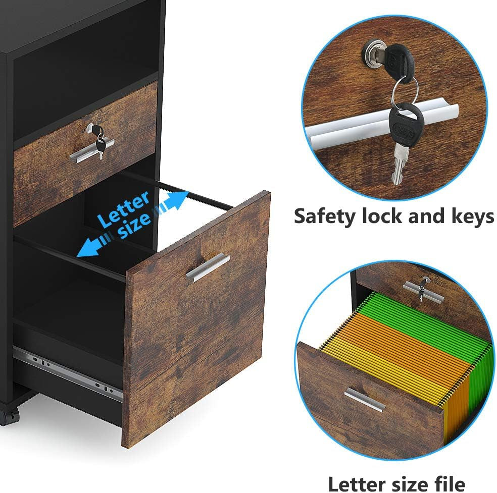 2 Drawer Mobile File Cabinet With Lock And Rolling Wheels In Rustic Brown Wood Finish For Letter Size Files