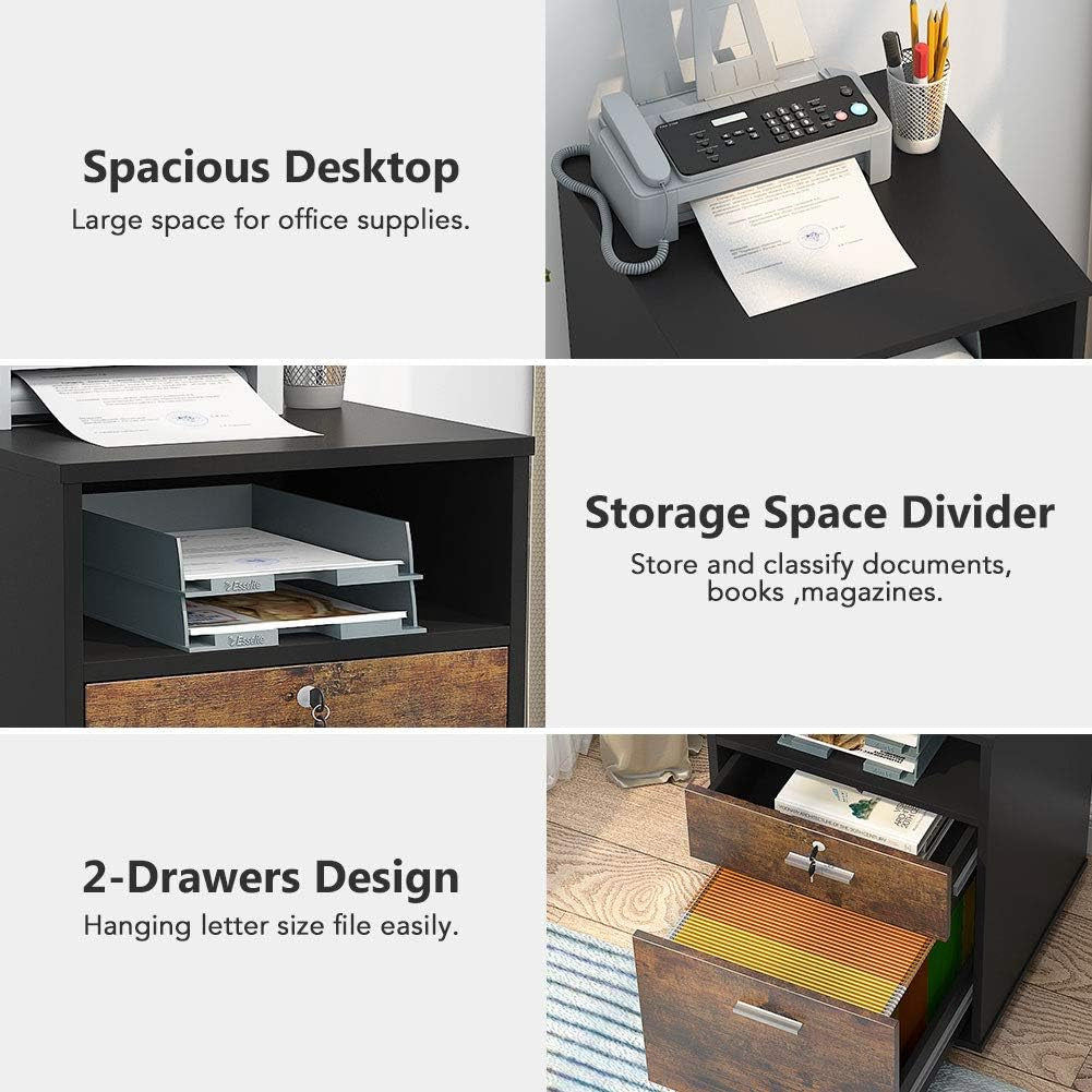 2 Drawer Mobile File Cabinet With Lock And Rolling Wheels In Rustic Brown Wood Finish For Letter Size Files