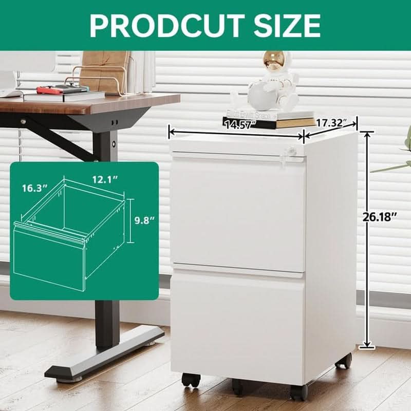 2 Drawer Mobile File Cabinet With Lock For Under Desk Use White Metal Filing Cabinet