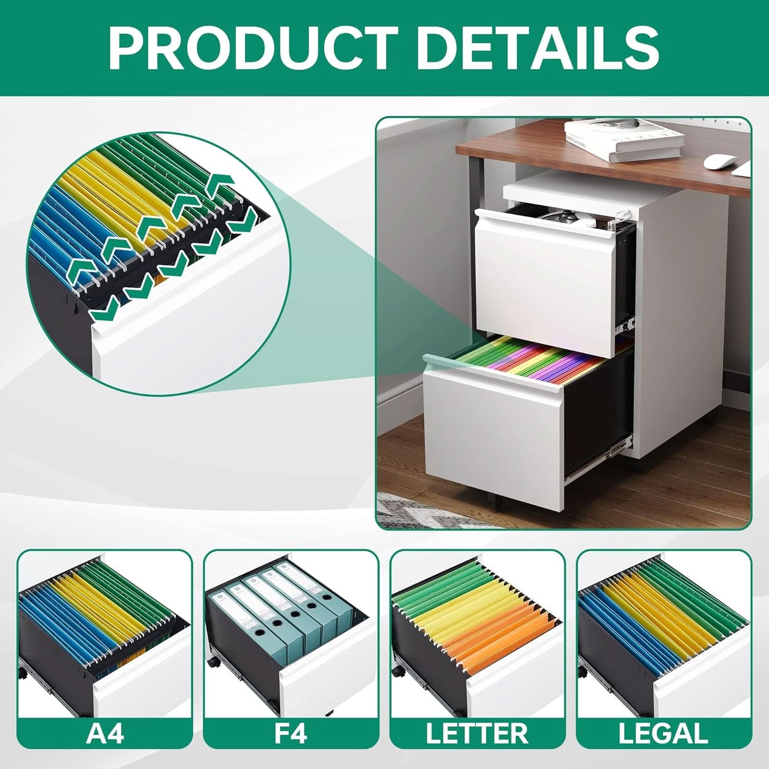2 Drawer Mobile File Cabinet With Lock For Under Desk Use White Metal Filing Cabinet