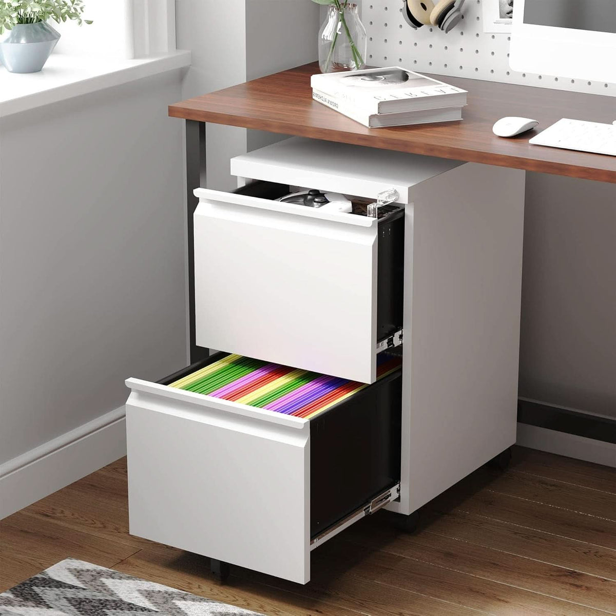 2 Drawer Mobile File Cabinet With Lock For Under Desk Use White Metal Filing Cabinet