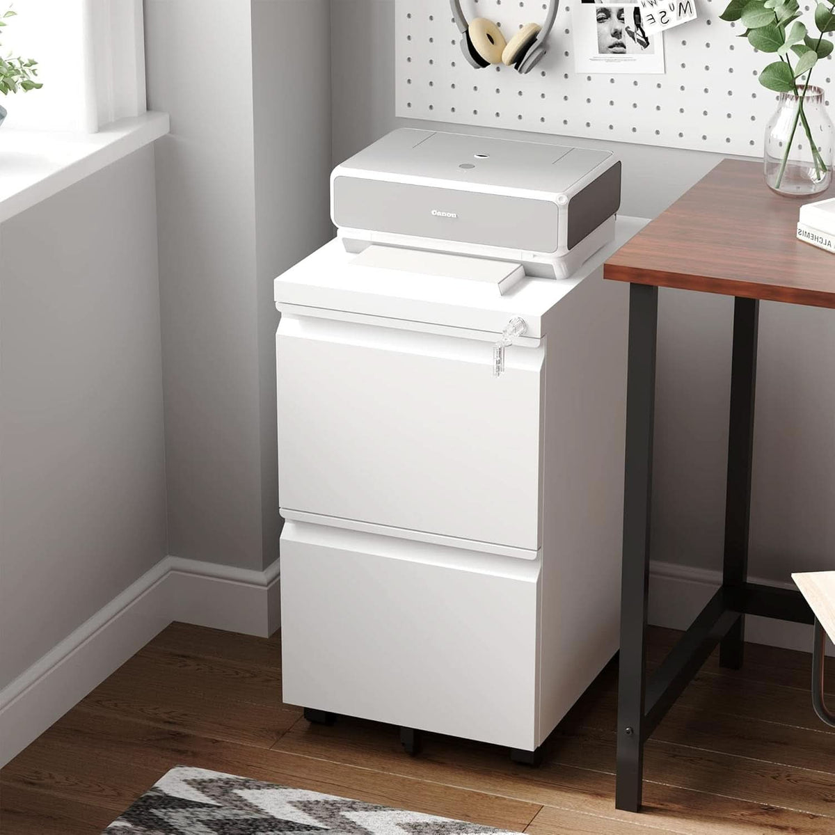 2 Drawer Mobile File Cabinet With Lock For Under Desk Use White Metal Filing Cabinet