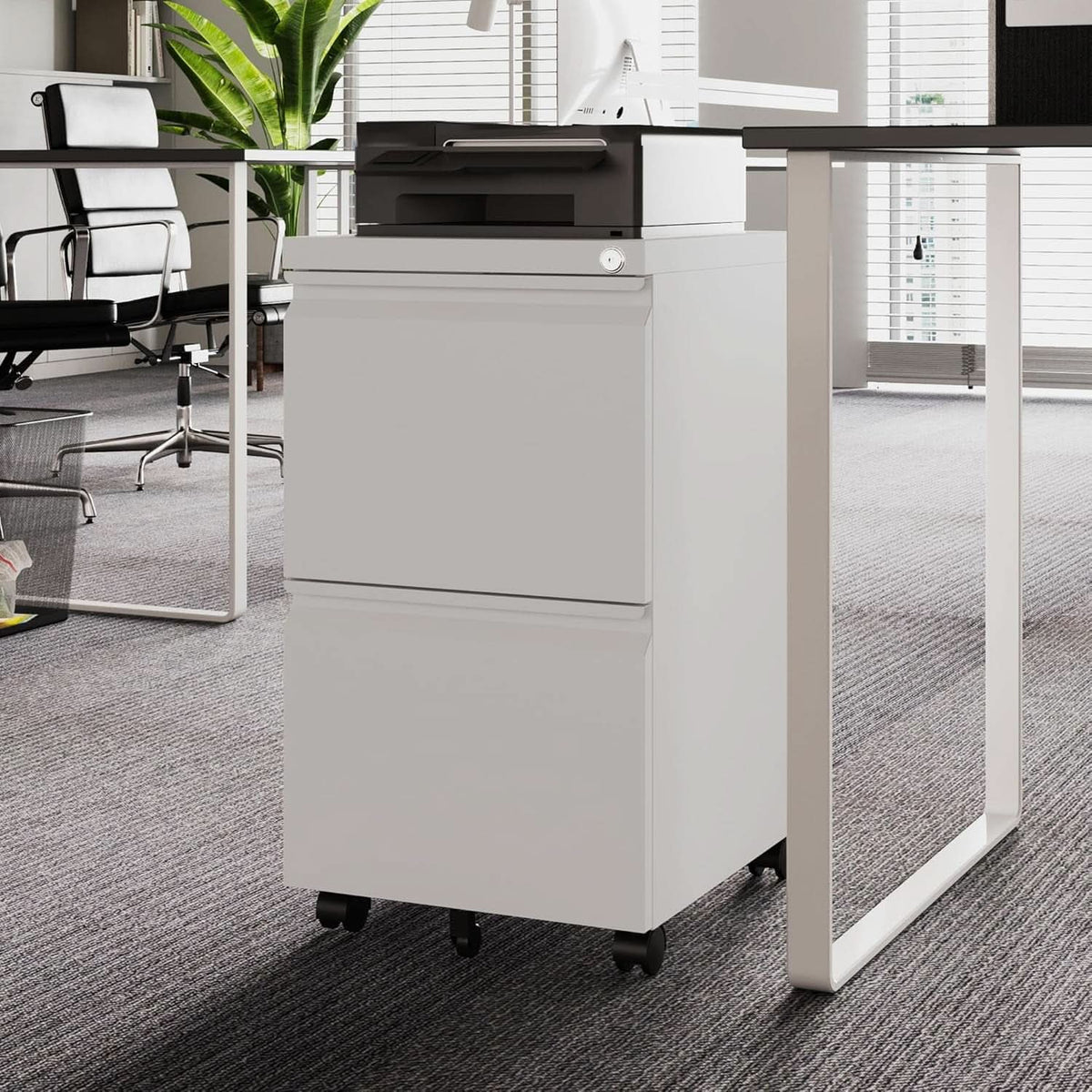 2 Drawer Mobile File Cabinet With Lock For Under Desk Use White Metal Filing Cabinet