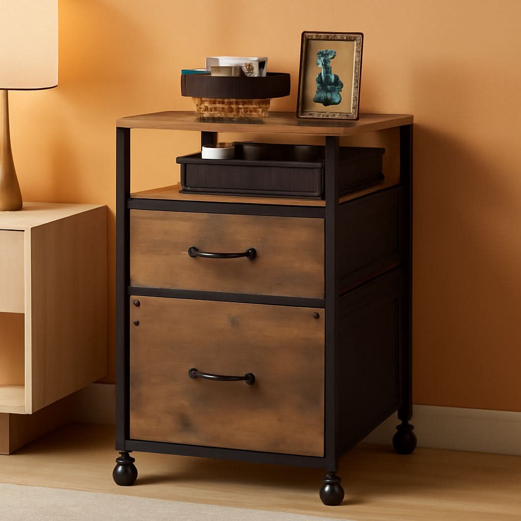 2 Drawer Mobile File Cabinet With Open Shelf Rolling Printer Stand For