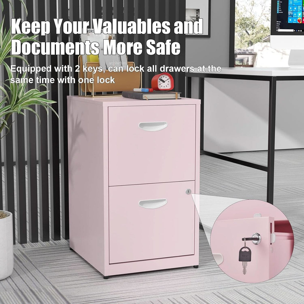 2 Drawer Pink Metal Vertical Filing Cabinet With Lock For Letter Size Files Home Office