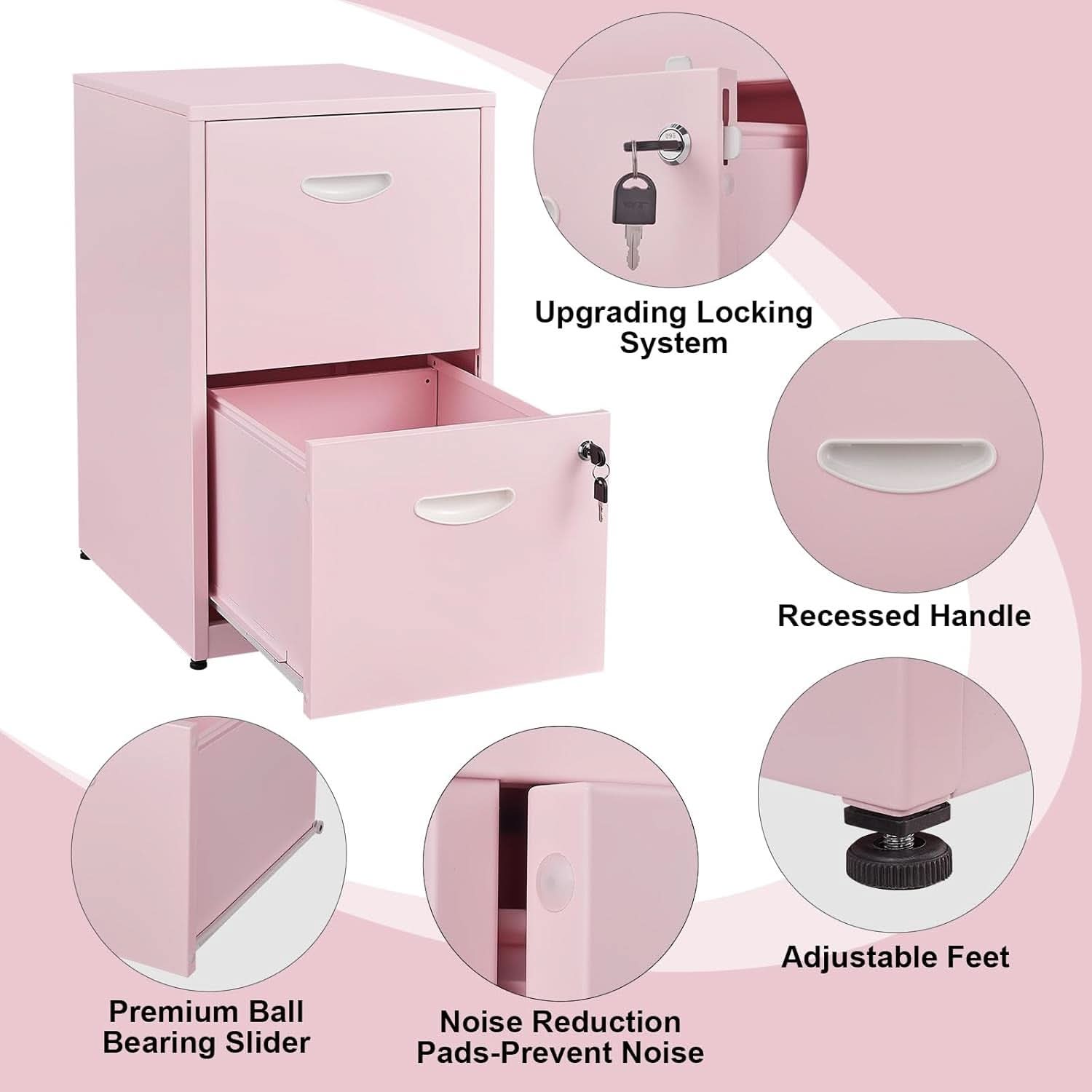 2 Drawer Pink Metal Vertical Filing Cabinet With Lock For Letter Size Files Home Office