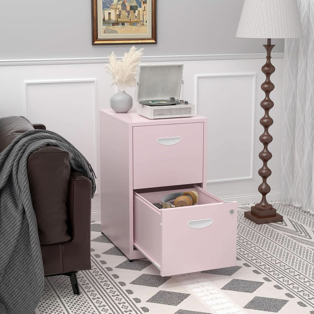 2 Drawer Pink Metal Vertical Filing Cabinet With Lock For Letter Size Files Home Office