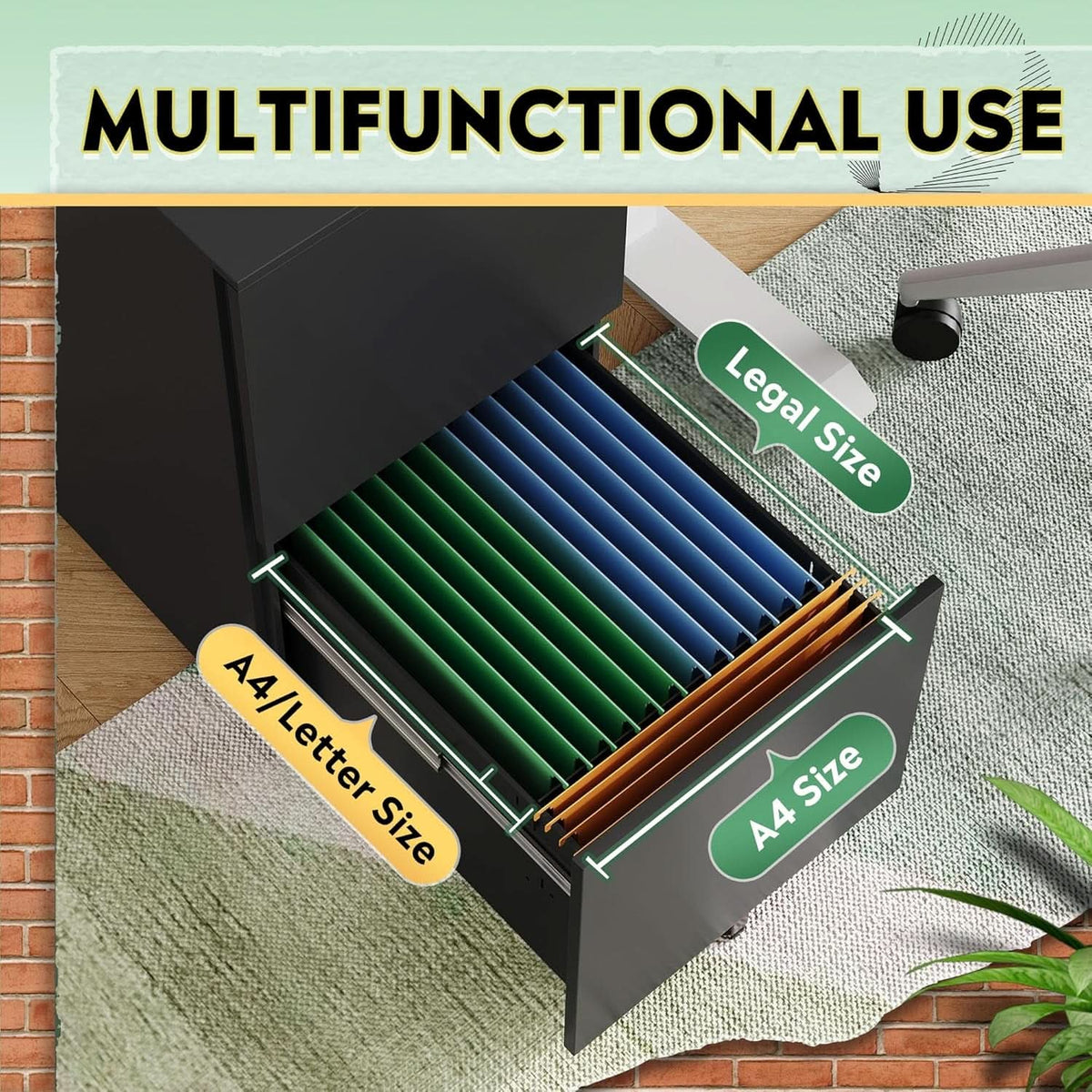 2 Drawer Rolling File Cabinet With Locking System In Black Metal Office Storage Unit