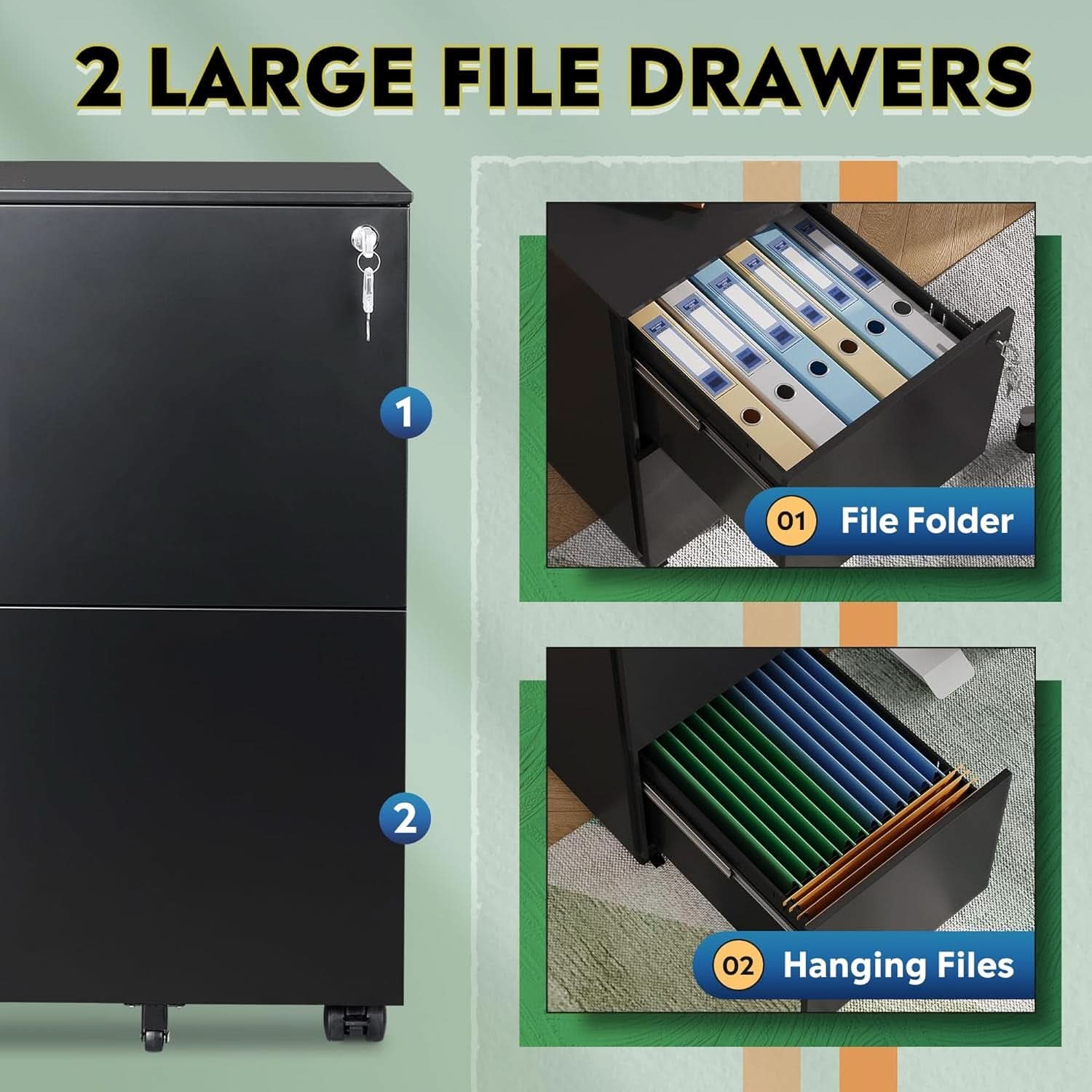 2 Drawer Rolling File Cabinet With Locking System In Black Metal Office Storage Unit