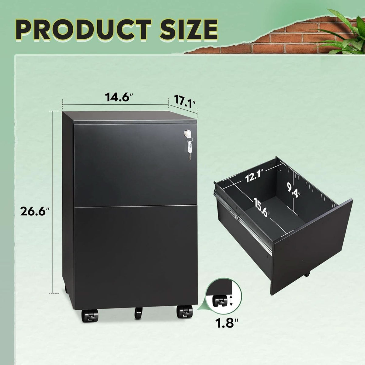 2 Drawer Rolling File Cabinet With Locking System In Black Metal Office Storage Unit