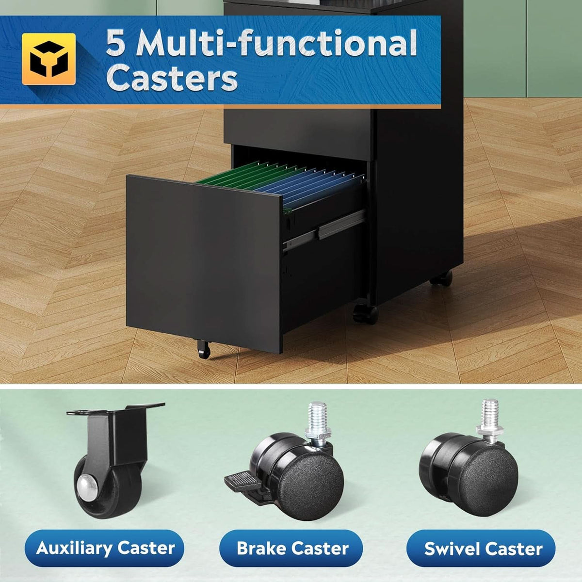 2 Drawer Rolling File Cabinet With Locking System In Black Metal Office Storage Unit