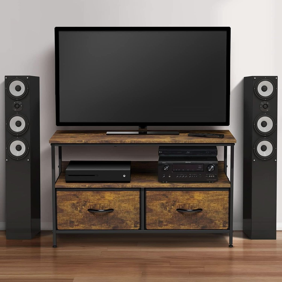2 Drawer TV Stand Chest For Living Room With Open Shelf And Fabric Drawers For Media Storage