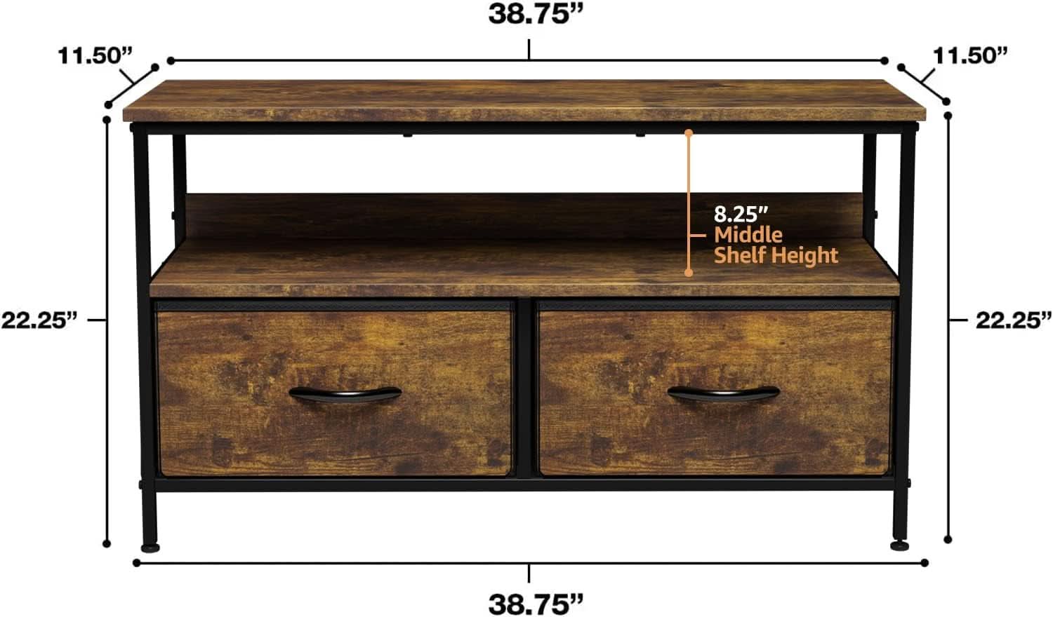 2 Drawer TV Stand Chest For Living Room With Open Shelf And Fabric Drawers For Media Storage