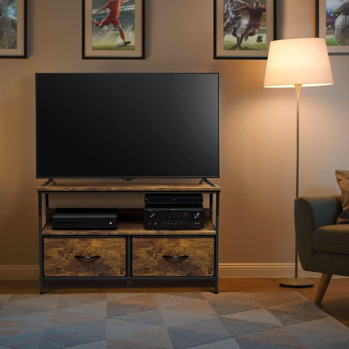 2 Drawer TV Stand Chest For Living Room With Open Shelf And Fabric Drawers For Media Storage