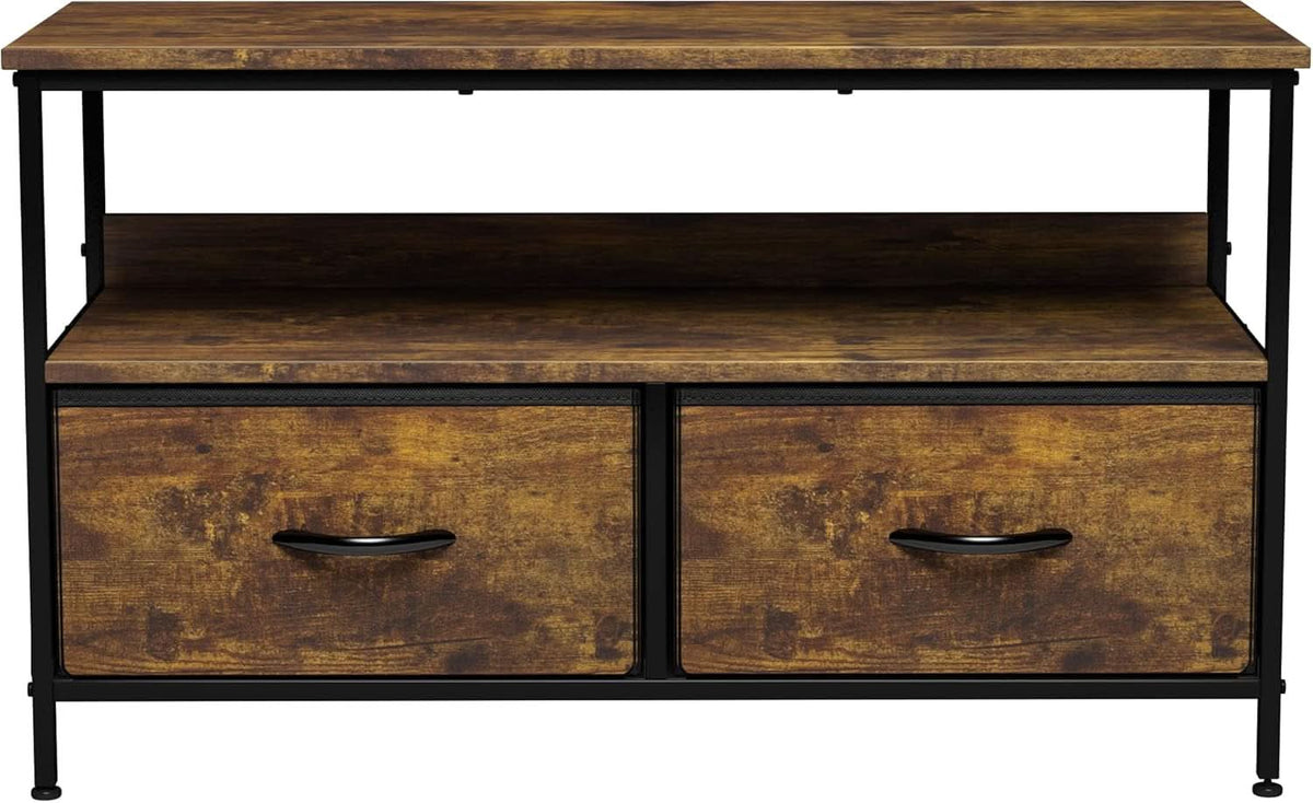 2 Drawer TV Stand Chest For Living Room With Open Shelf And Fabric Drawers For Media Storage