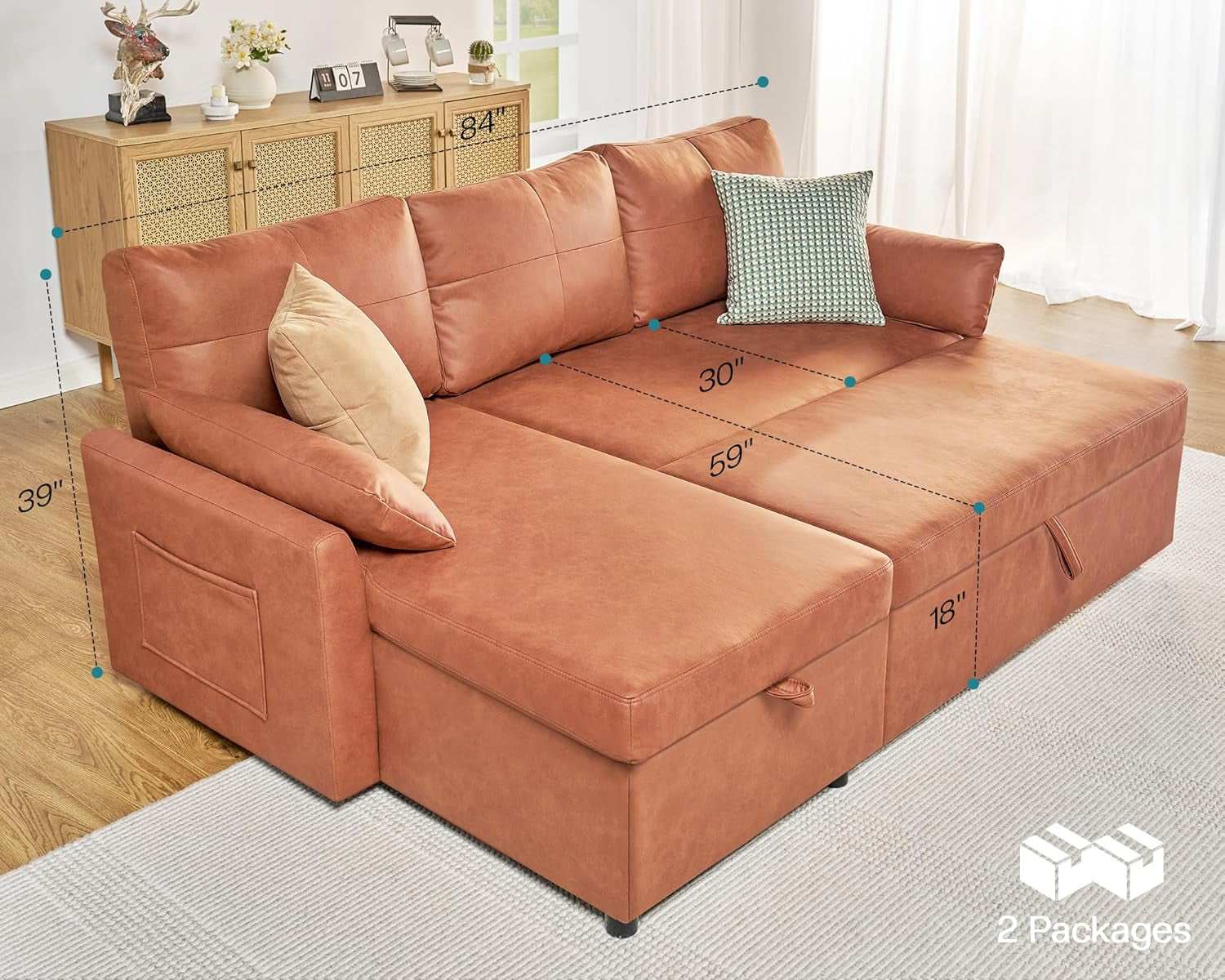 2 In 1 Sleeper Sofa Bed With Storage Chaise Brown Leathaire