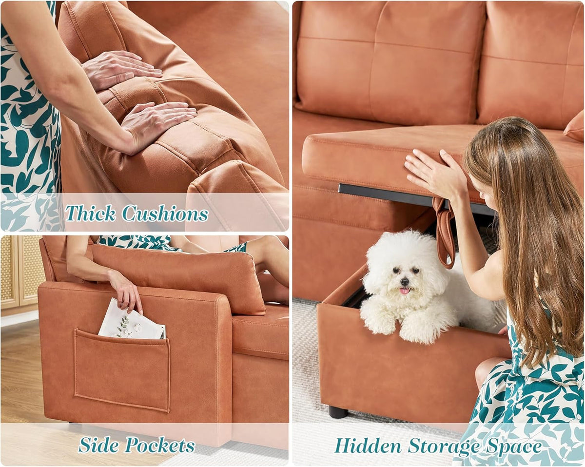 2 In 1 Sleeper Sofa Bed With Storage Chaise Brown Leathaire