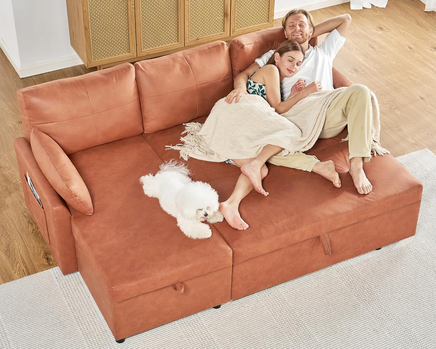 2 In 1 Sleeper Sofa Bed With Storage Chaise Brown Leathaire