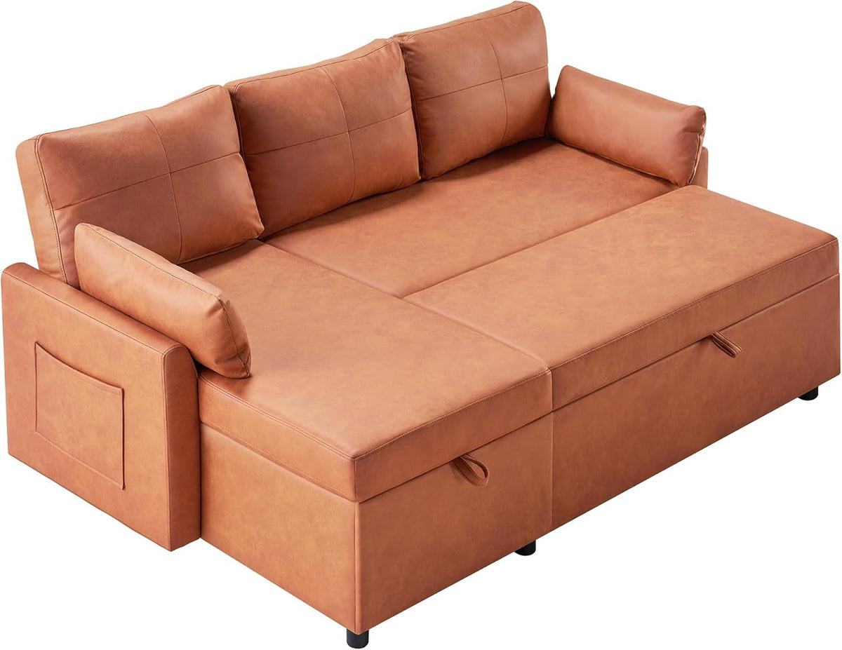 2 In 1 Sleeper Sofa Bed With Storage Chaise Brown Leathaire