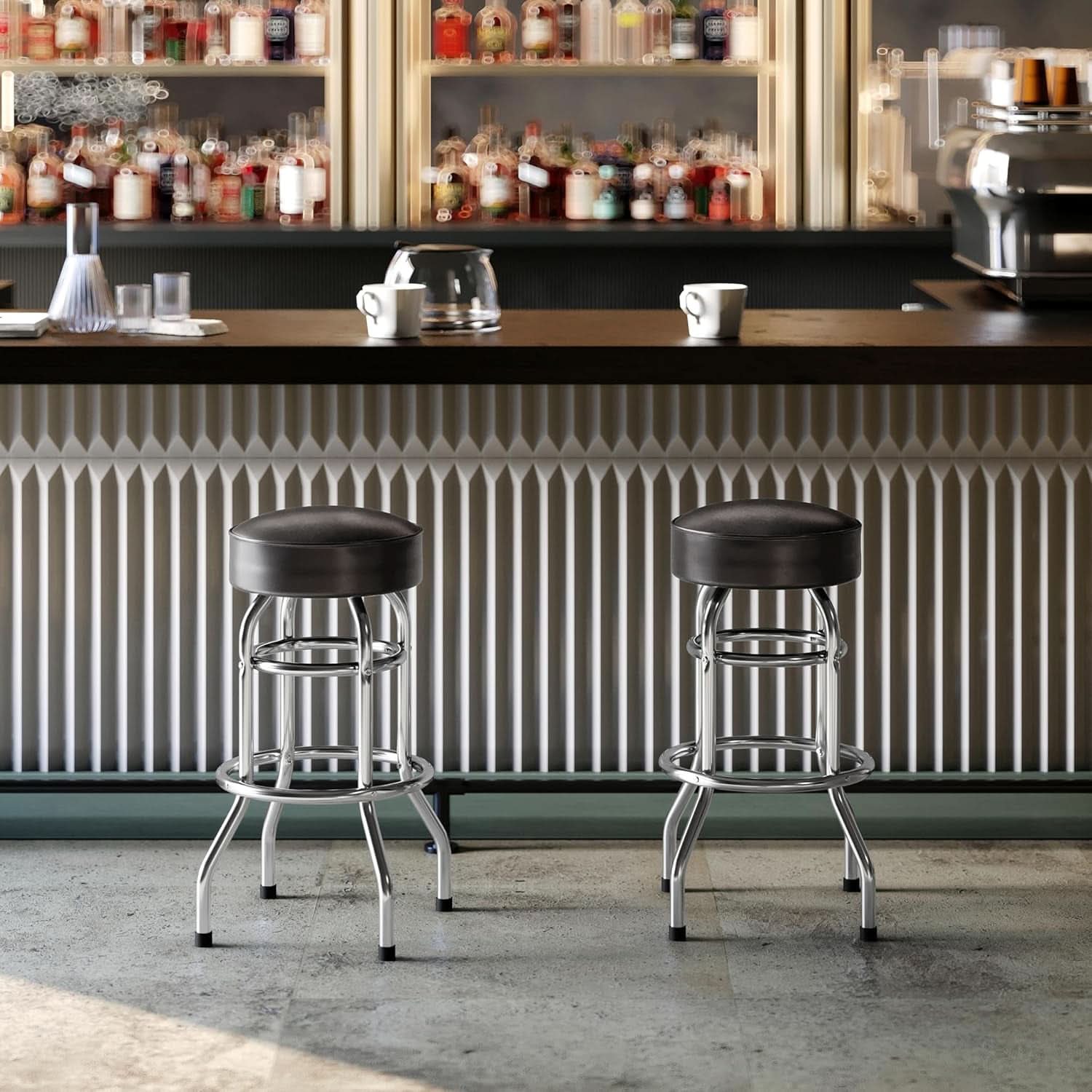 2 Pack Chrome Double Ring Bar Stools with Dark Brown Seats