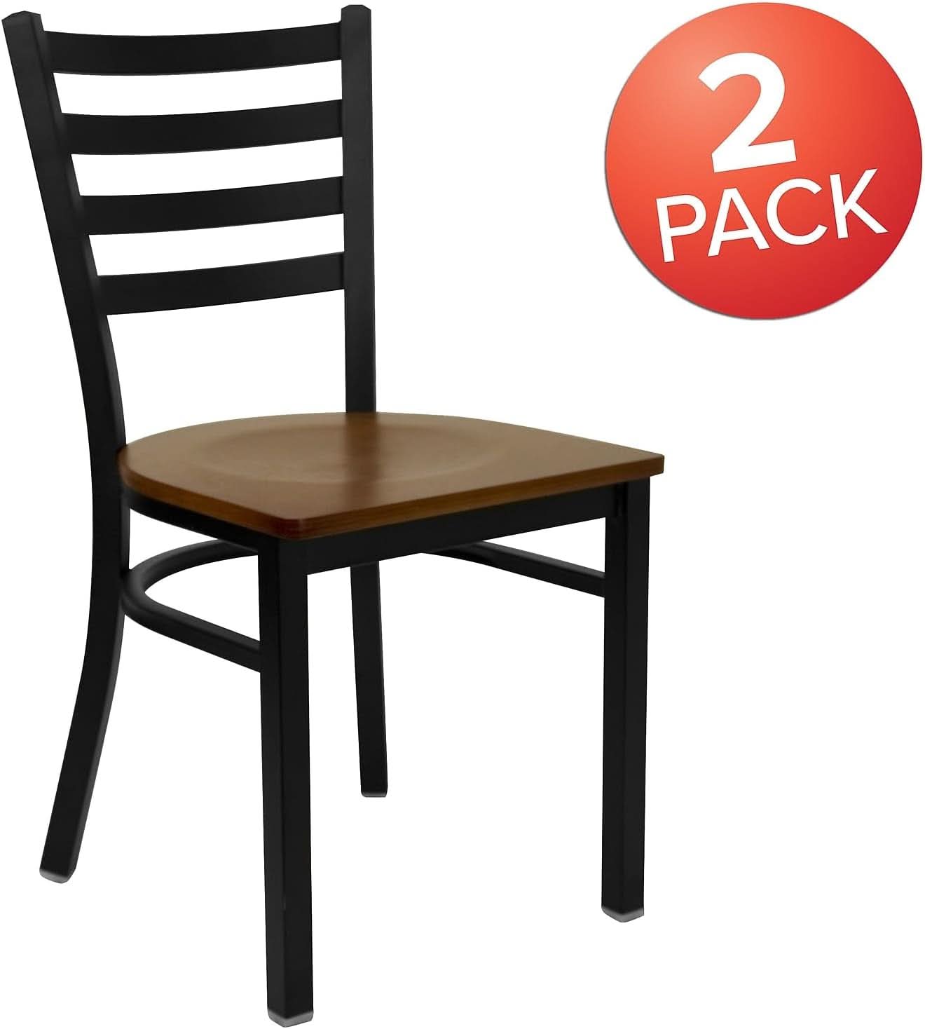 2 Pack HERCULES Series Black Ladder Back Metal Restaurant Chair With Cherry Wood Seat