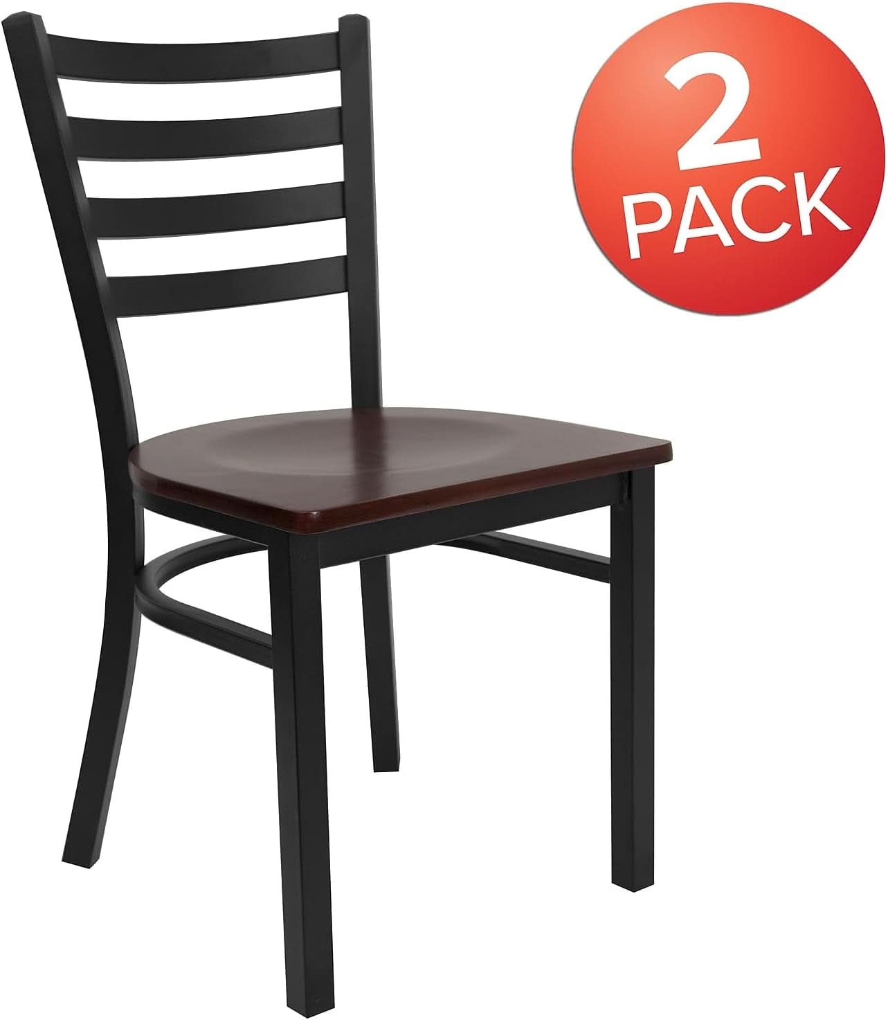 2 Pack Hercules Series Black Ladder Back Metal Dining Chair With Mahogany Seat For Restaurants