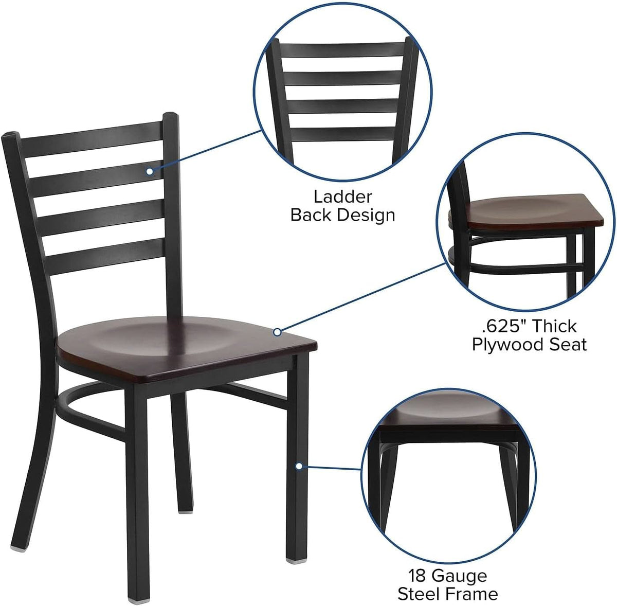 2 Pack Hercules Series Black Ladder Back Metal Dining Chair With Mahogany Seat For Restaurants
