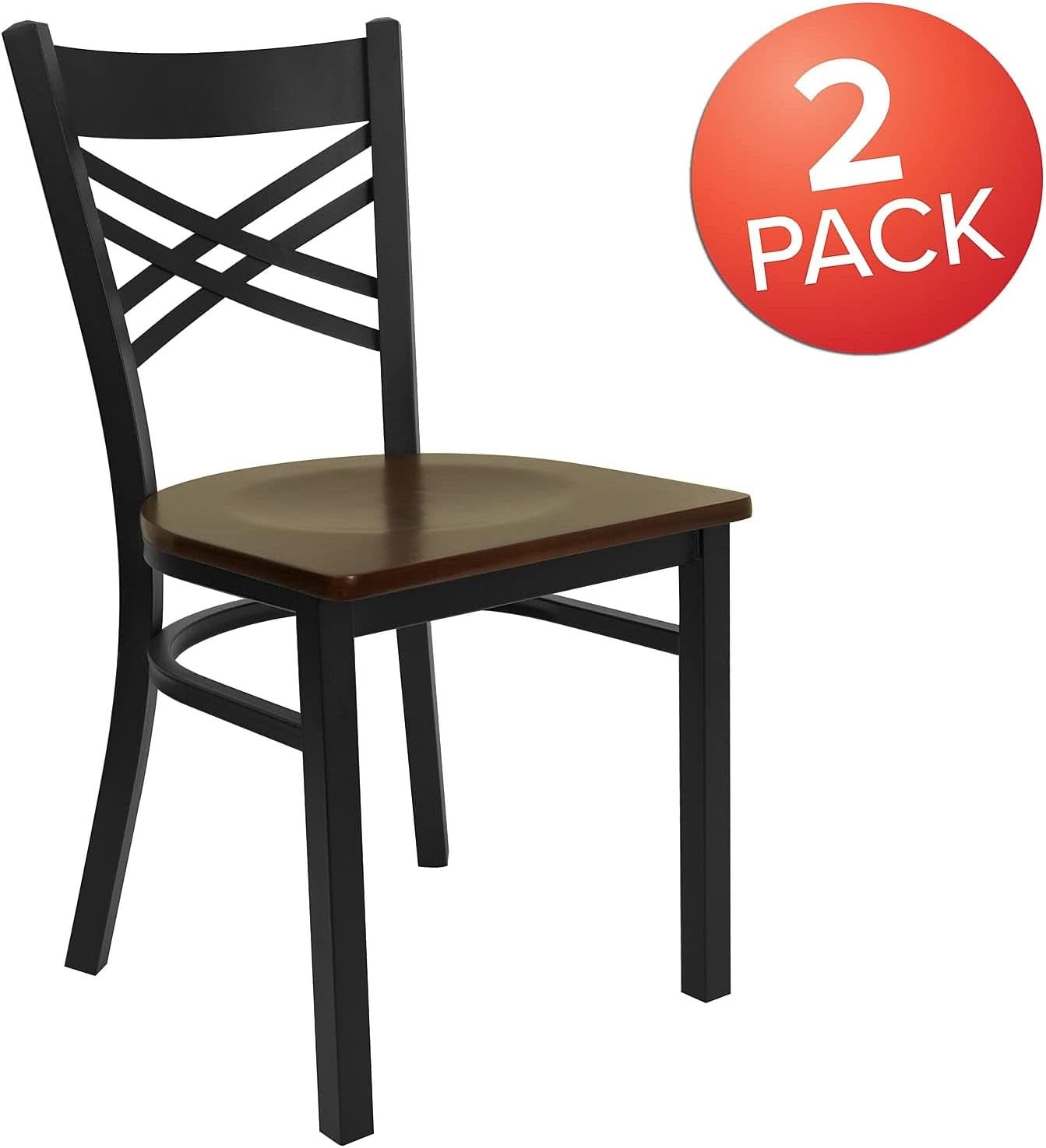 2 Pack Hercules Series Black X Back Metal Restaurant Chairs With Mahogany Wood Seats