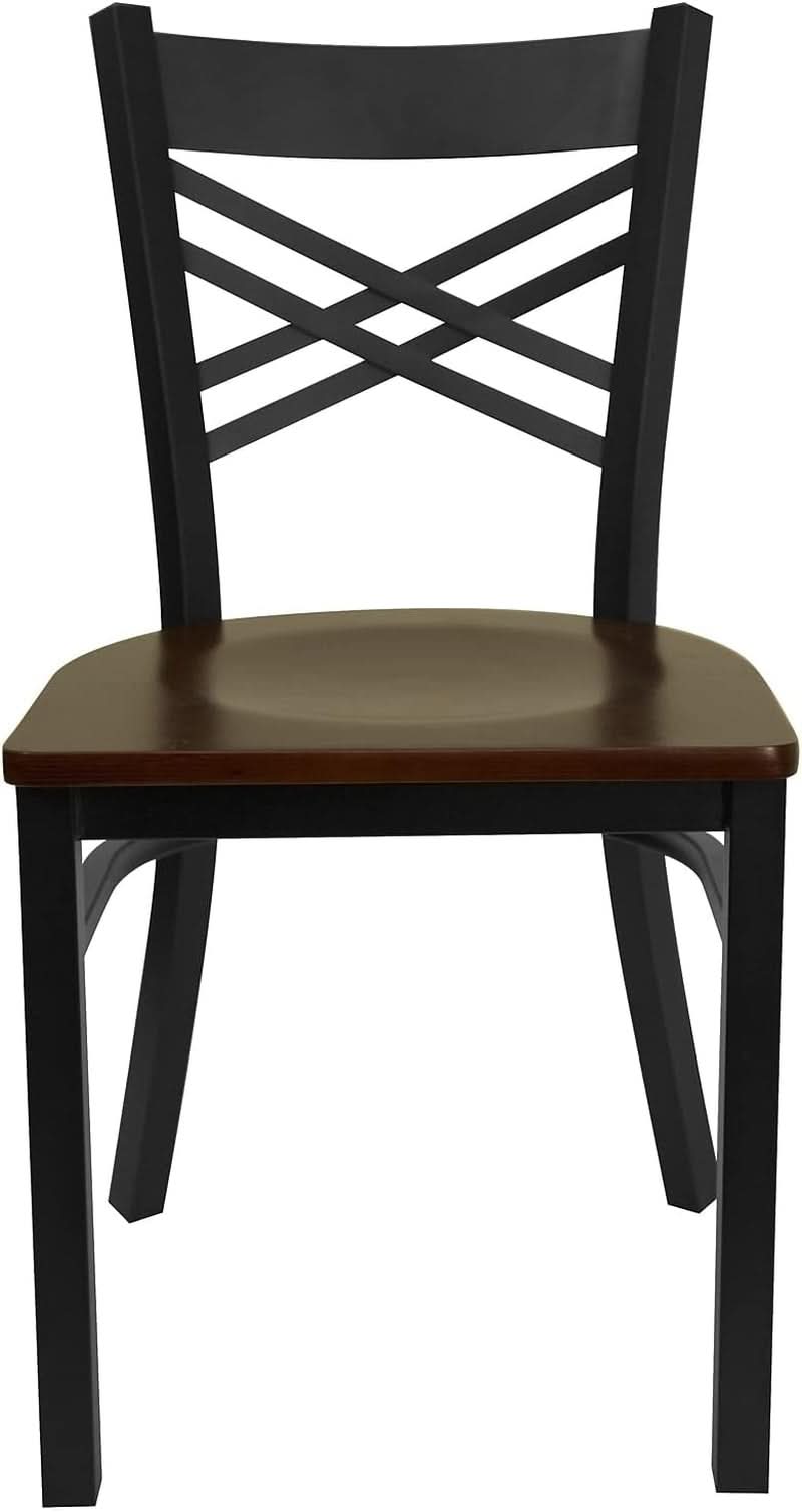 2 Pack Hercules Series Black X Back Metal Restaurant Chairs With Mahogany Wood Seats
