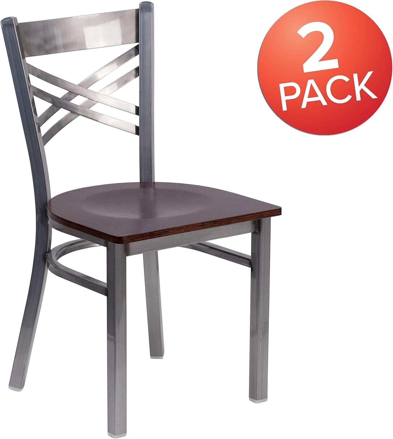 2 Pack Hercules Series Clear Coated X Back Metal Dining Chair Walnut Wood Seat