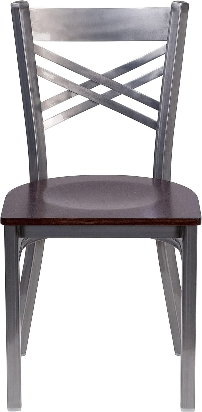 2 Pack Hercules Series Clear Coated X Back Metal Dining Chair Walnut Wood Seat
