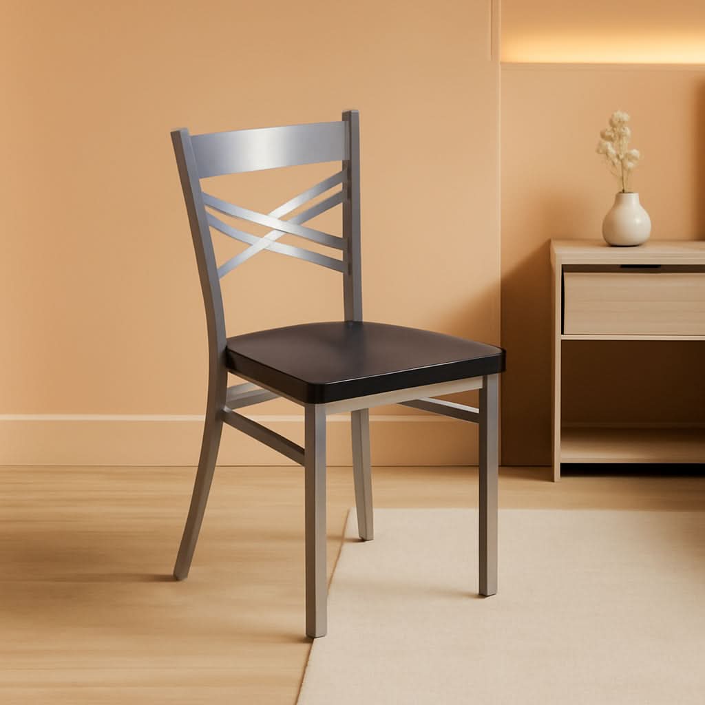 2 Pack Hercules Series Clear Coated X Back Metal Dining Chair Walnut Wood Seat