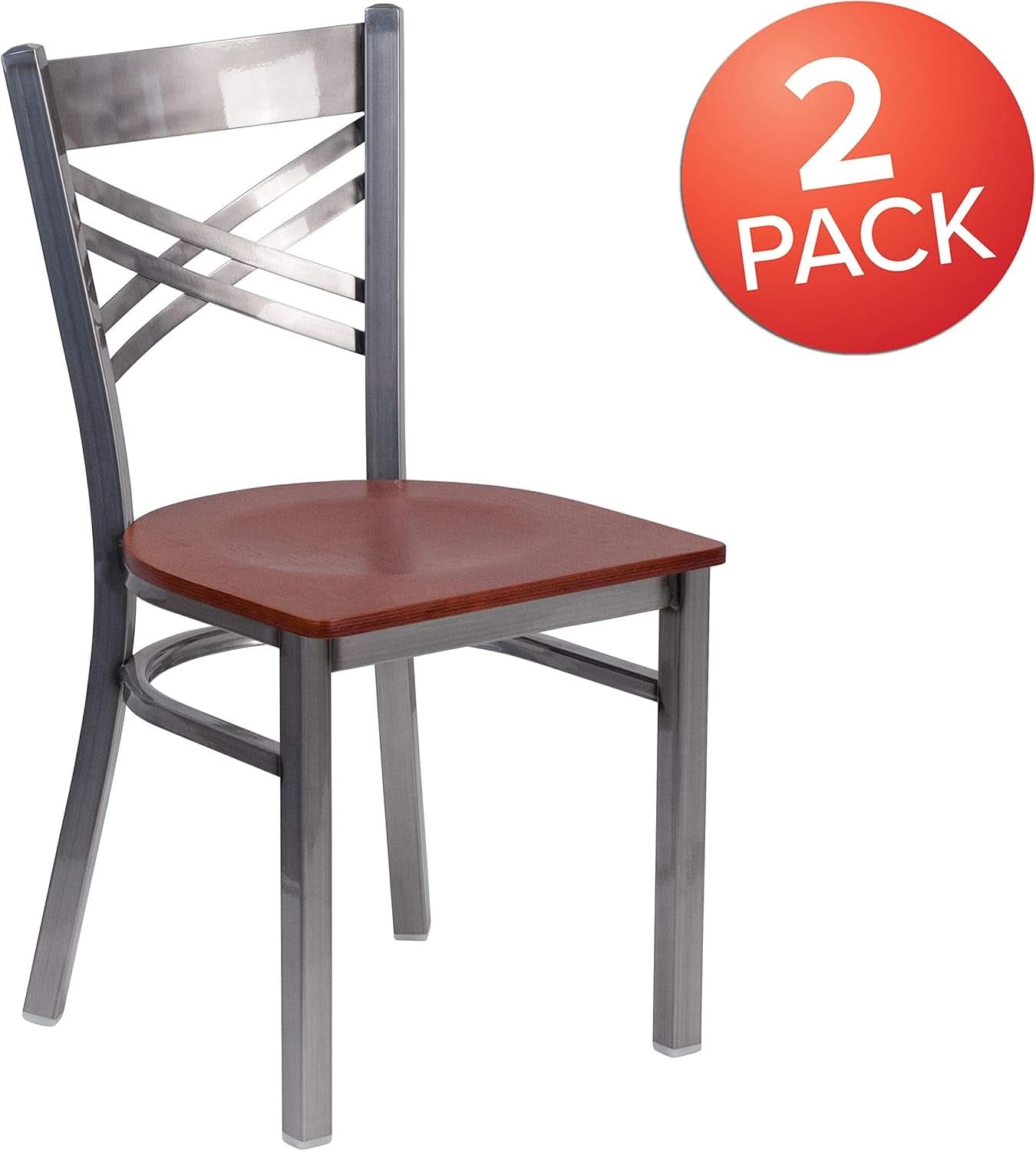 2 Pack Hercules Series X Back Metal Dining Chairs With Cherry Wood Seat For Restaurant Or Home Dining