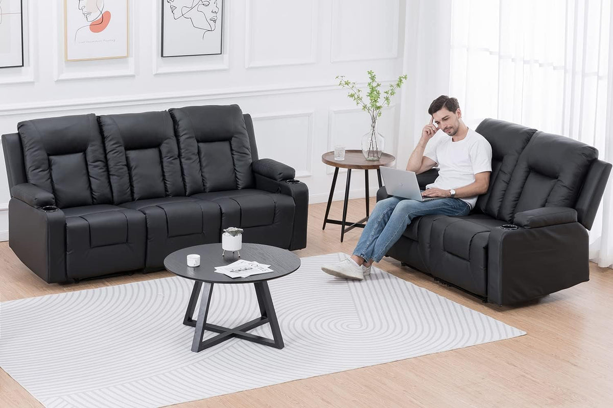 2 Piece Bonded Leather Recliner Set Black For Living Room