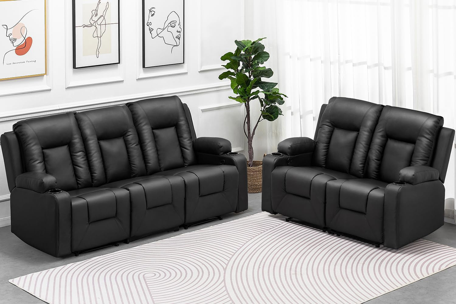 2 Piece Bonded Leather Recliner Set Black For Living Room