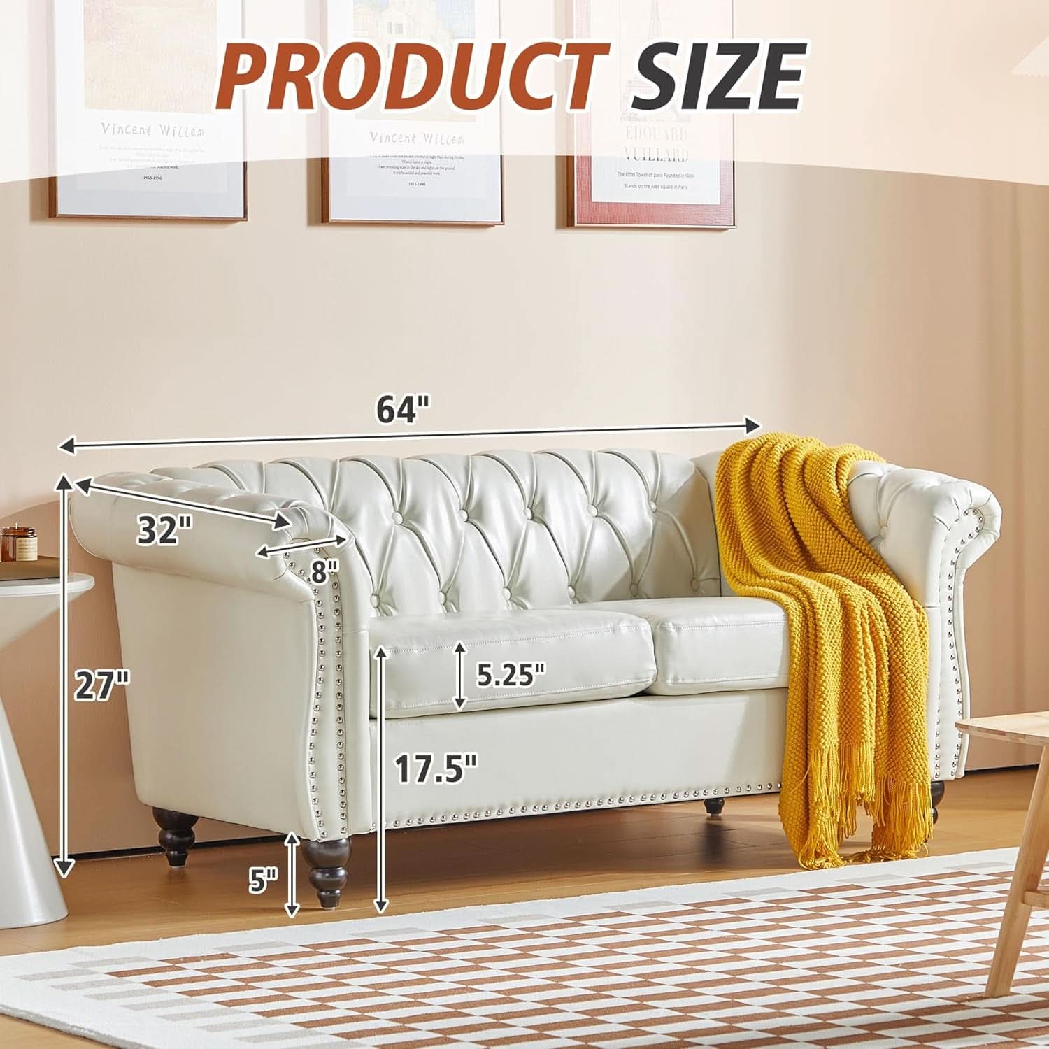 2 Piece Chesterfield Faux Leather Living Room Set Loveseat And Chair With Scroll Arms And Nailhead White