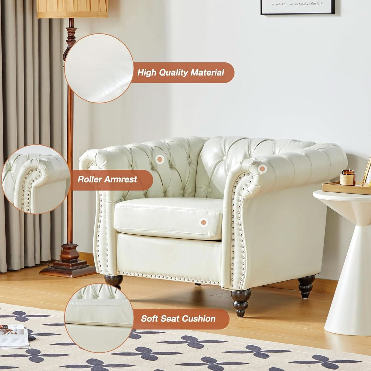 2 Piece Chesterfield Faux Leather Living Room Set Loveseat And Chair With Scroll Arms And Nailhead White
